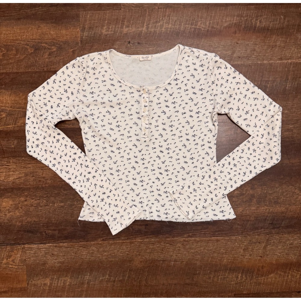 John Galt Cream Blue Floral Thermal Henley Long Sleeve Top One Size XS/S